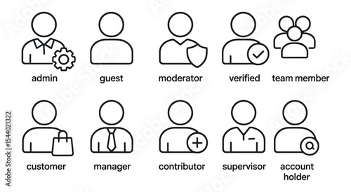 User roles icon set. profile, team, admin, verification, guest, silhouette style