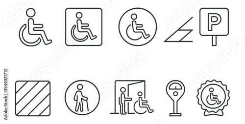 Accessibility and disability icon set. wheelchair, parking symbols in line style