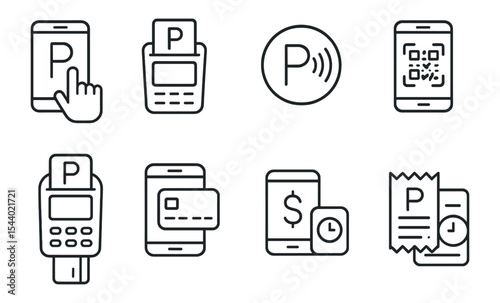 Parking, payment line icon set. mobile, ticket, fee, qr, transaction icons outline collection