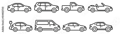 Vehicle silhouette icon set: cars, trucks, and vans in outline style
