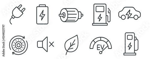 Electric vehicle outline icon set. charging, sustainability, and eco-friendly symbols