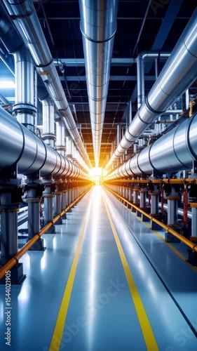 Industrial interior with metal pipes stretching into vanishing point with bright lights in a plant and smooth blue flooring