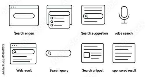 Search engine outline icon set. web, internet, query, seo, interface, digital icons.