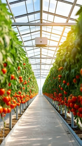 Rows of ripe red tomatoes growing on vines inside a modern greenhouse with a transparent roof allowing natural light.