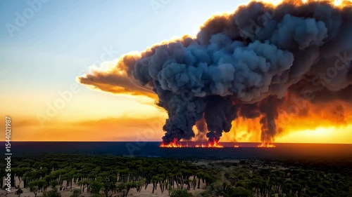 Bushfire rages in the distant landscape creating huge billowing smoke clouds against golden sky at sunset