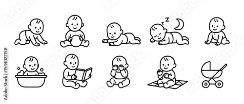 Baby activities outline icon set. playtime, bath, reading line art collection