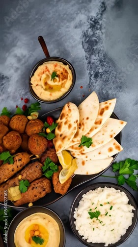 Variety of Middle Eastern cuisine featuring falafel, hummus, rice, pita bread, and kebab on a textured grey surface
