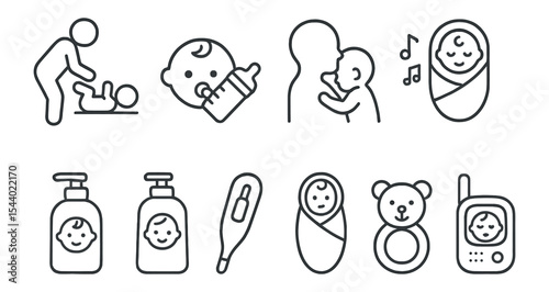 Parenting and baby care outline icon set. essential newborn and infant icons collection