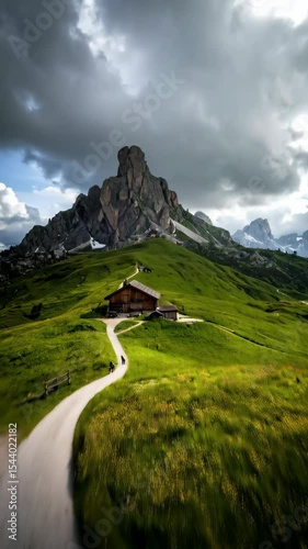 Scenic mountain landscape with a dirt road leading to a chalet and rocky peaks under an overcast sky, featuring lush green meadows