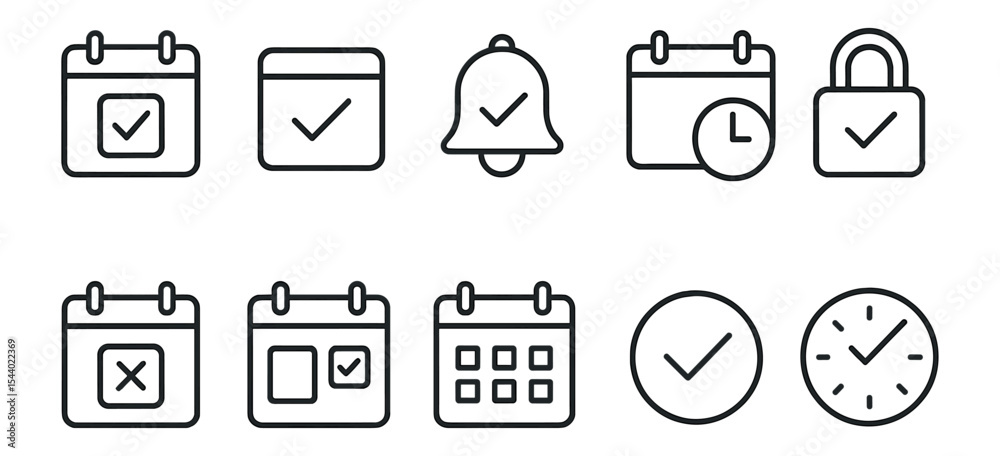 Calendar and notification outline icon set. calendar, reminder graphics in line style Calendar and notification outline icon set. calendar, reminder graphics in line style