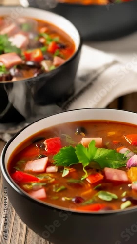 Hearty black bean soup with ham, red bell pepper, and red onion, garnished with parsley, served in black bowls on rustic wood table with cloth napkin