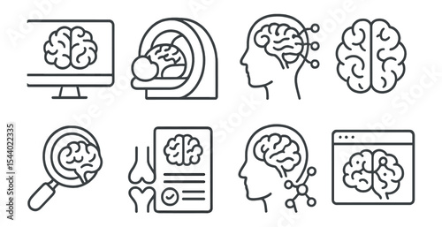 Medical brain linear icon set: neurology, mri, anatomy, healthcare line style collection