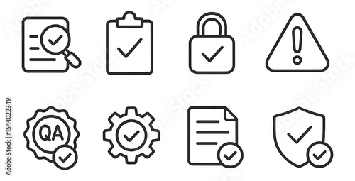 Security and alert icon set. essential notifications, qa symbols in outline style