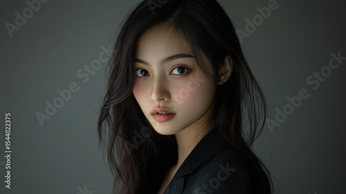 Portrait of Young Asian Woman in Black Attire with Serious Expression - Fashion Photography Headshot