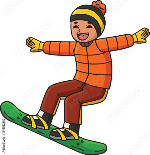 Snowboarding Boy Gliding with Snowboard Clipart 