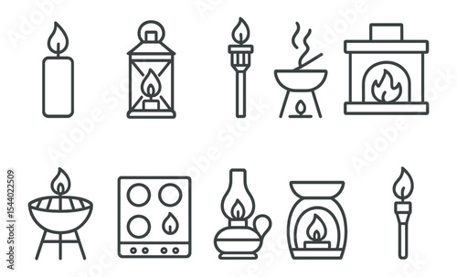 Fireplace, candle outline icon set. cozy, warmth, flame line icons for home
