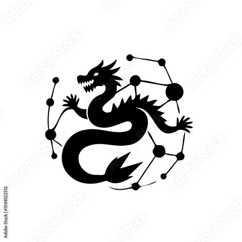 Stylized dragon encircling constellation design symbolizing connection between fantasy and science no background and copy space