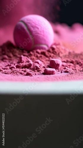 Tennis ball covered in vibrant pink powder, creating an abstract scene with particles and textured surface, creative sports imagery