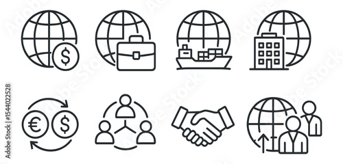 Business and finance linear icon set. trade, enterprise, currency, communication icons