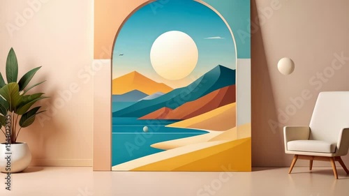 Minimalist living space with framed landscape painting of mountains and serene seaside view with a modern chair and plant