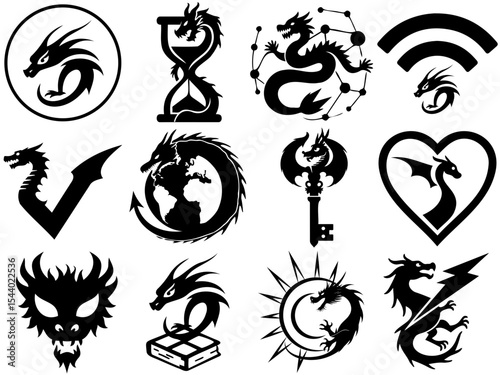 Collection of stylized dragon logos representing various themes and concepts in black and white no background and copy space photo