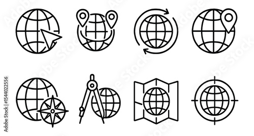 Navigation and travel outline icon set. maps, compass, globe collection