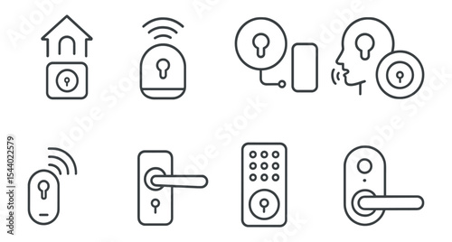 Smart home security line icon set. lock, keypad, and access symbols in outline