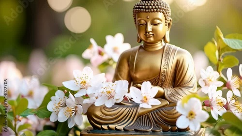 Golden Buddha statue surrounded by blooming white cherry blossoms in a peaceful and serene garden setting, symbolizing meditation and spirituality