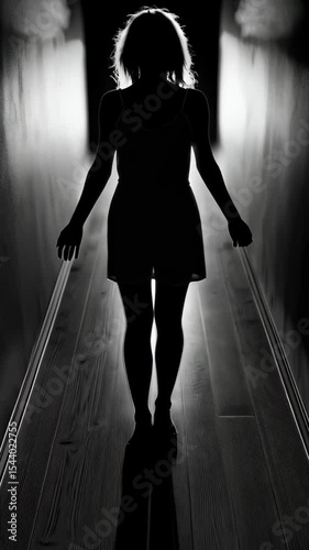 Ethereal silhouette of a woman walking down a dark hallway with glowing light at the end creating a mysterious and surreal atmosphere with wooden floors.