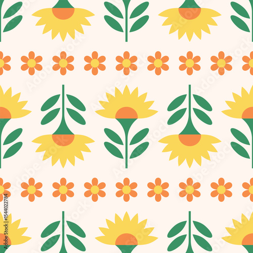 Playful Sunflower and Daisy Seamless Pattern Retro Floral Motif in Bold Colors. for Prints, Wrapping Paper, Wallpaper, Textiles, Stationery, and Fabric.