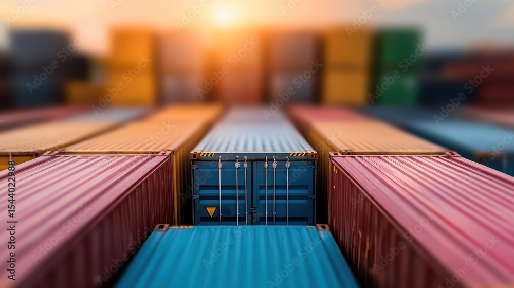 Obraz premium A vibrant array of shipping containers lined up in the foreground against a stunning sunset, showcasing the dynamic world of trade and transportation with an artistic flair.