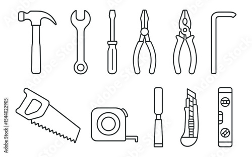 Tool and construction line icon set: essential hardware and repair symbols