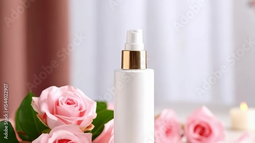 Cosmetic bottle mockup with pump surrounded by pink roses and candles, placed on a wooden stand, showcasing beauty and wellness products