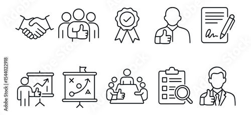 Business and teamwork outline icon set. collaboration, office, success icons collection