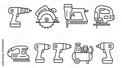 Power tools line icon set. drill, saw, and more in linear design for construction projects