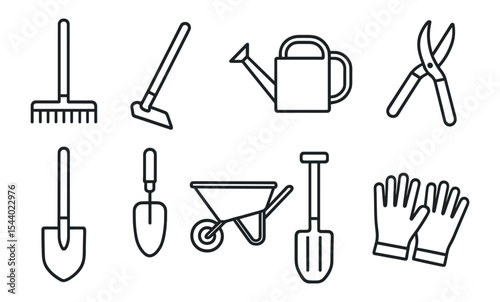 Gardening tools outline icon set for landscaping and horticulture