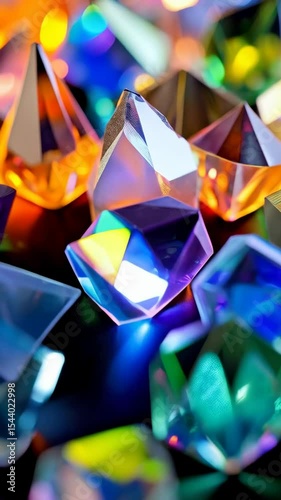 Pile of colorful transparent multifaceted geometric shapes catch light creating vibrant rainbow spectrum