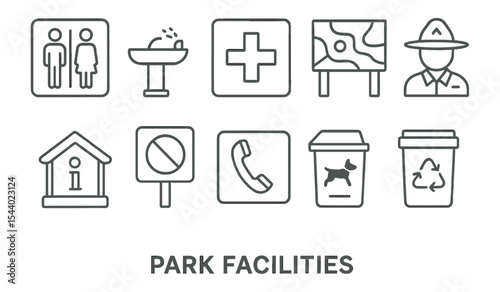 Park facilities line icon set. public amenities, services, outdoor icons collection