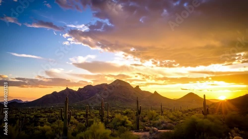 Scenic desert landscape with saguaro cacti and mountains under a vibrant sunset sky, showcasing the natural beauty of the southwestern United States