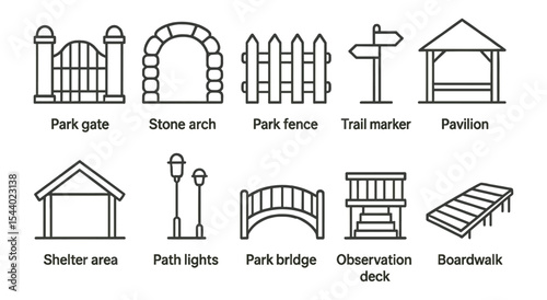 Park and recreation line icon set. outdoor, nature, trail, pavilion essentials