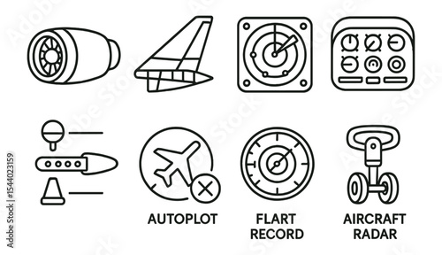 Aviation, aircraft outline icon set. pilot, autopilot flight control icons collection