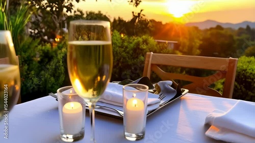 Elegant dining with salmon, asparagus, white wine, and candlelight against a sunset landscape backdrop