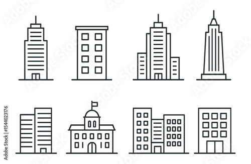 Architecture linear icon set. buildings, skyscrapers, city structures in outline style