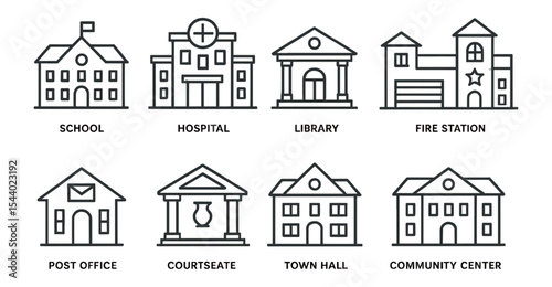 Community buildings line icon set. school, hospital, library, fire station icons collection