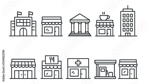 Building, cafe, shop icon set. urban and business icons in line style collection