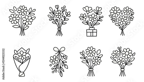 Floral bouquet icon set in outline style. flower, nature, springtime icons collection