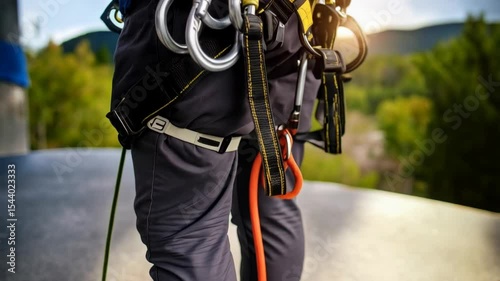 Harness and carabiners for adventure activities like rope climbing, zip lining, or rock climbing against blurred forest background.