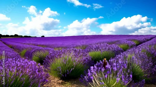 Aromatic oil bottle amongst fields of vibrant lavender flowers under sunny skies promoting natural wellness and skincare products