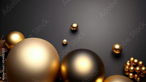 Elegant Christmas decoration of golden baubles and poinsettia flowers on a dark background, festive ornament composition with golden glittering details