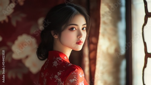 Asian Beauty in Traditional Red Dress: Serene Portrait with Vintage Elegance
